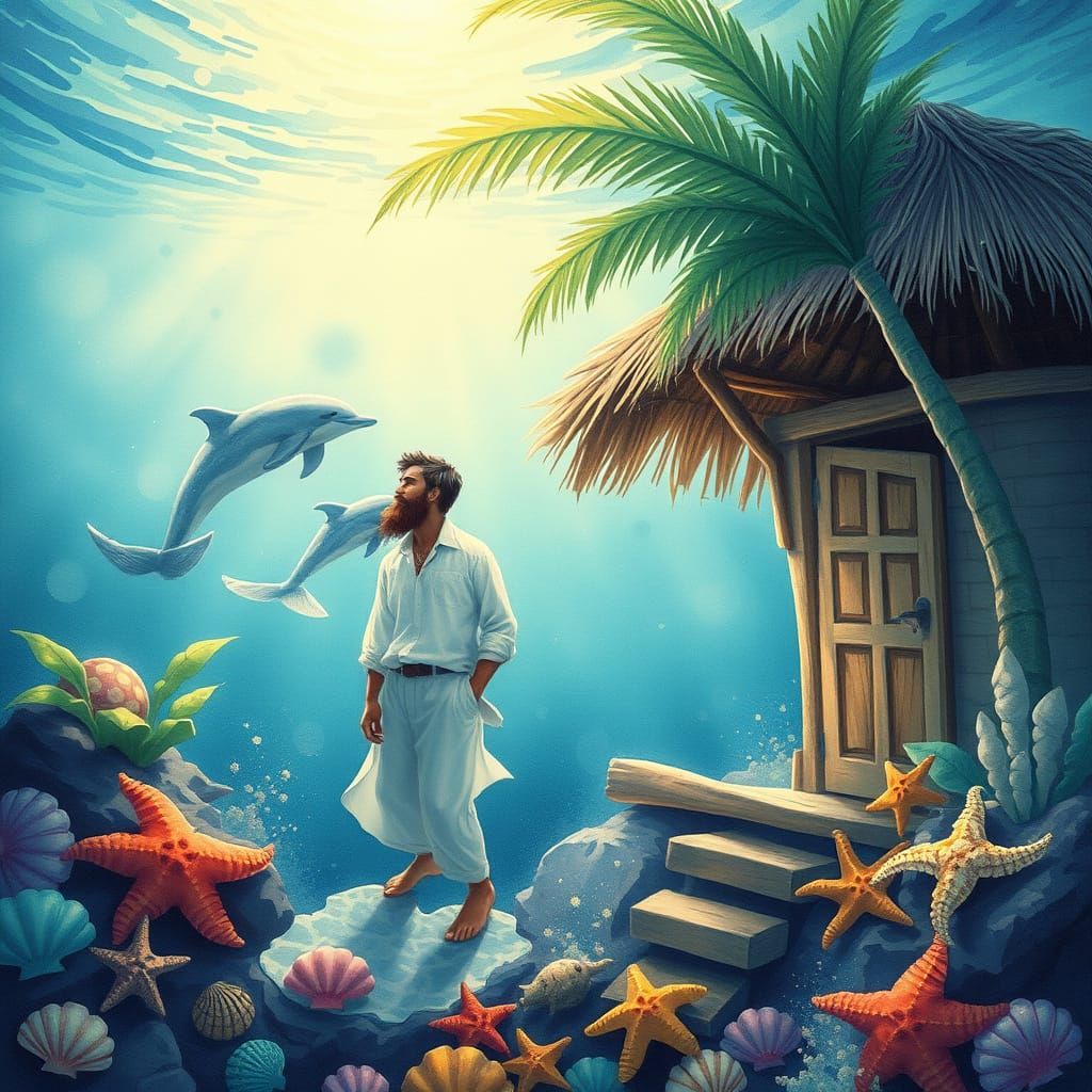 Serene Underwater Scene with Traditional Nipa House and Whim...