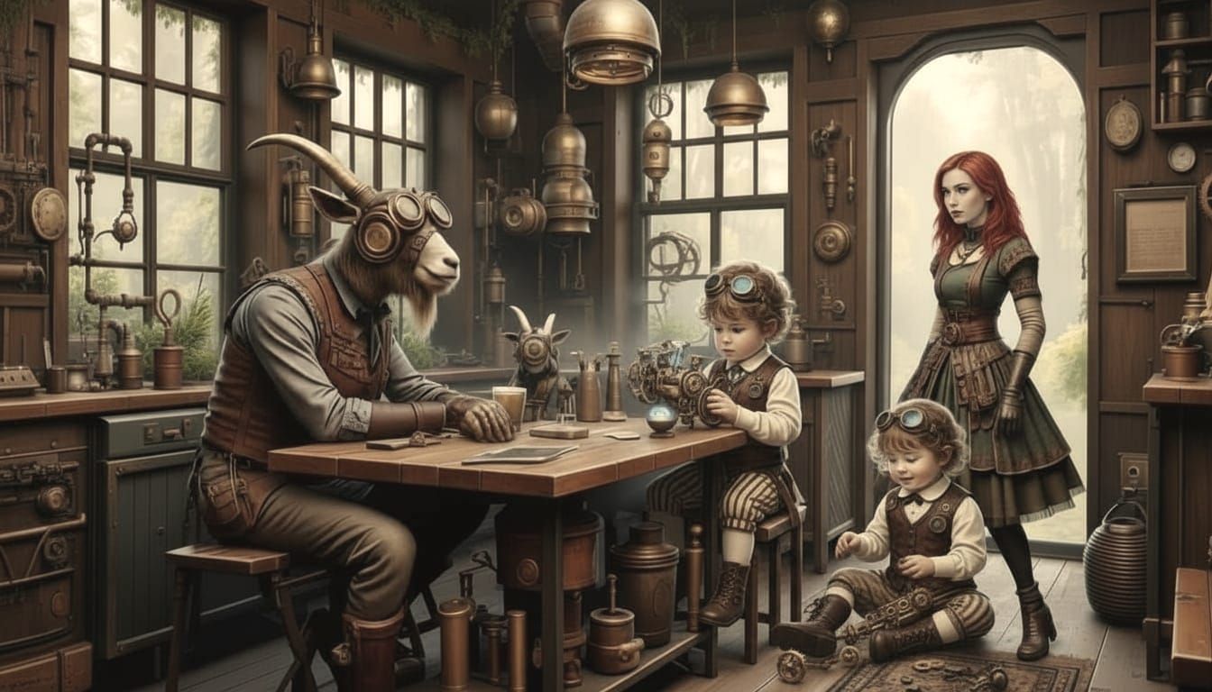 Steampunk Goat Inventor with Children and Seamstress