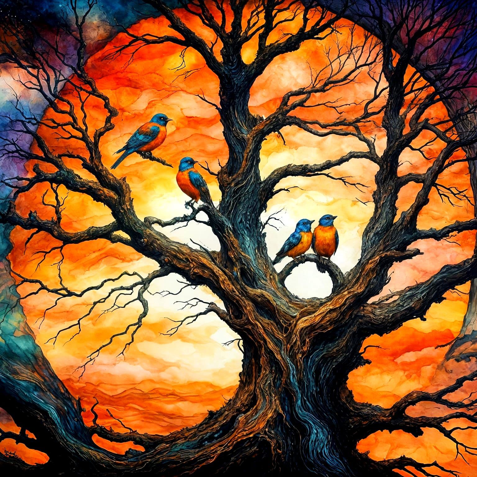Romantic Birds in Orange Hues: Alcohol Ink Painting