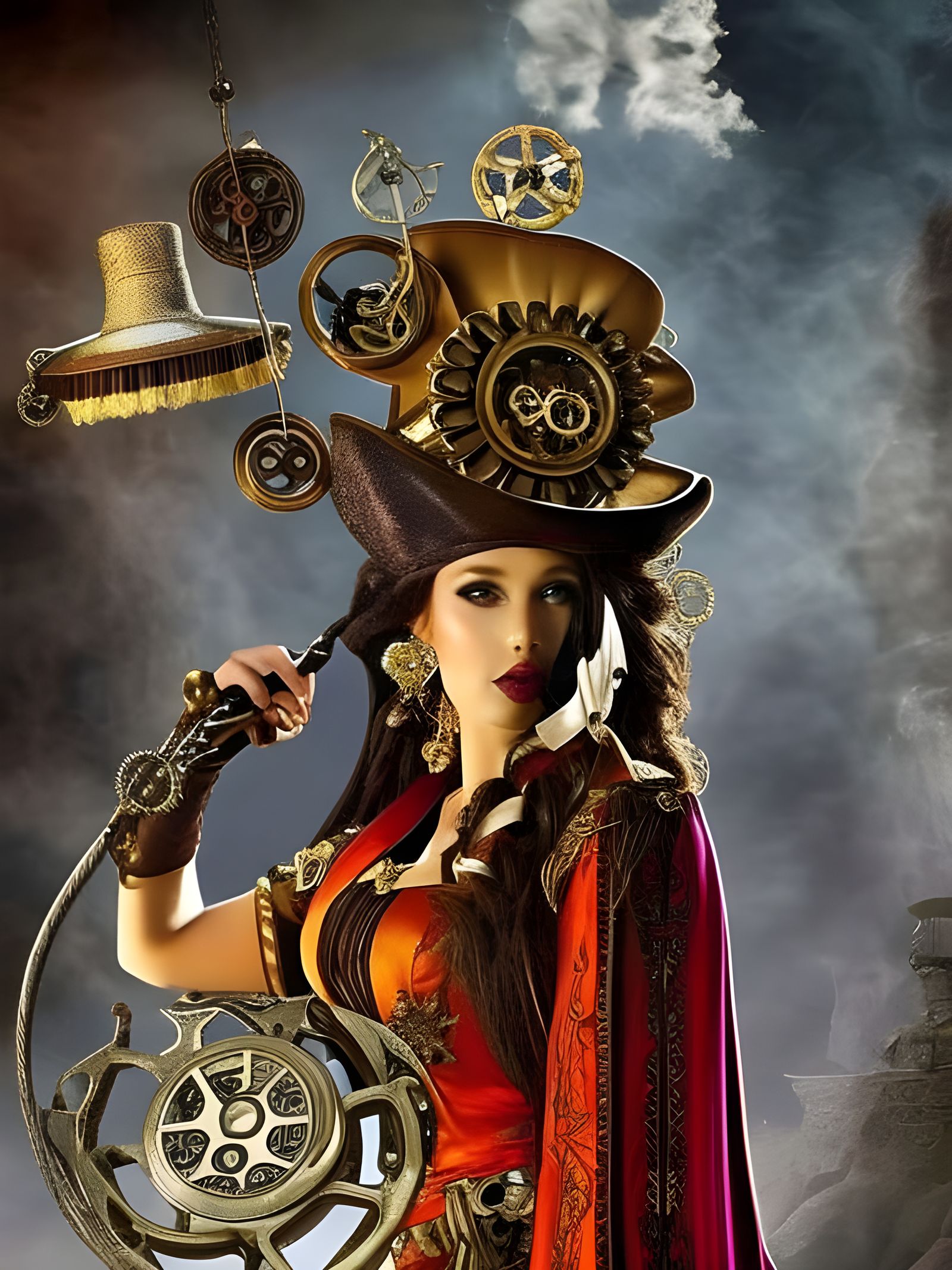 Steampunk Goddess with Gears in Mystical Setting