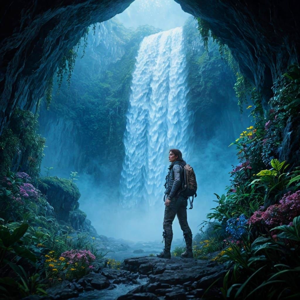 Lively Cave System with Waterfall