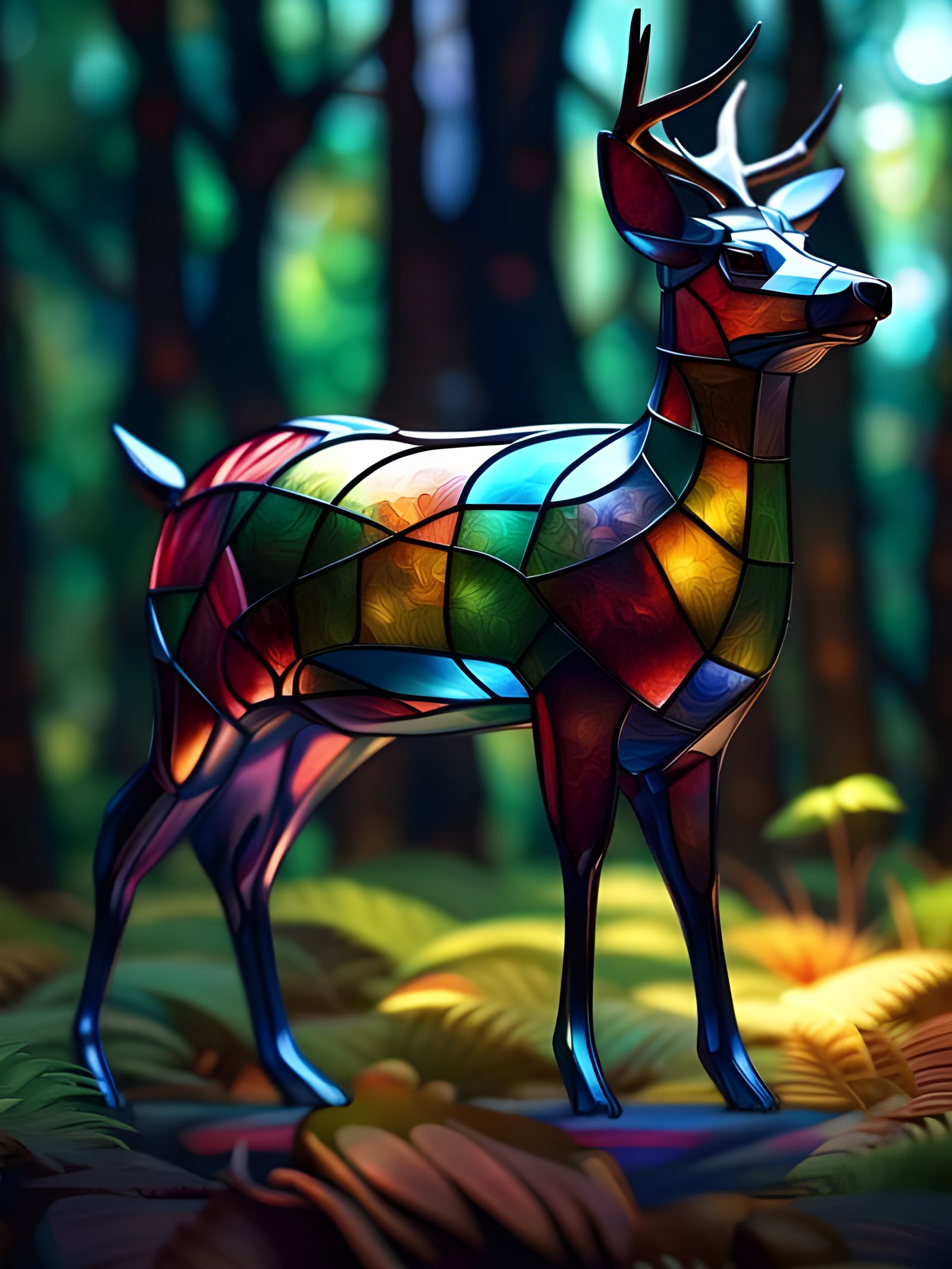 Stained Glass Deer in Forest: 3D Digital Art