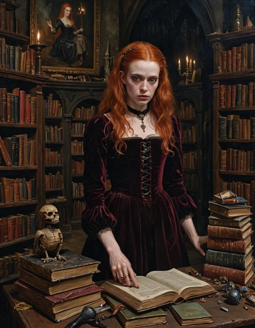 Eerie Ginger Witch in Gothic Castle Room