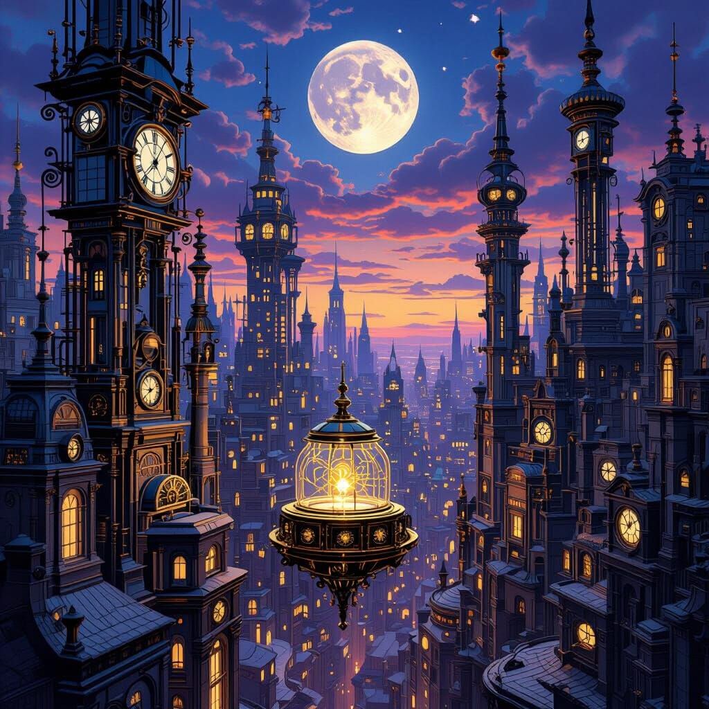 Surreal Twilight Cityscape of Musical Instruments and Clockw...