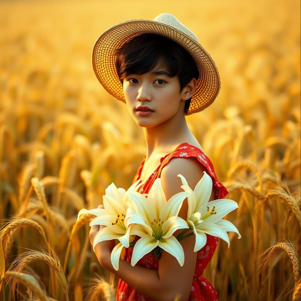 Dapper Gentleman in Vibrant Floral Dress Amidst Golden Wheat