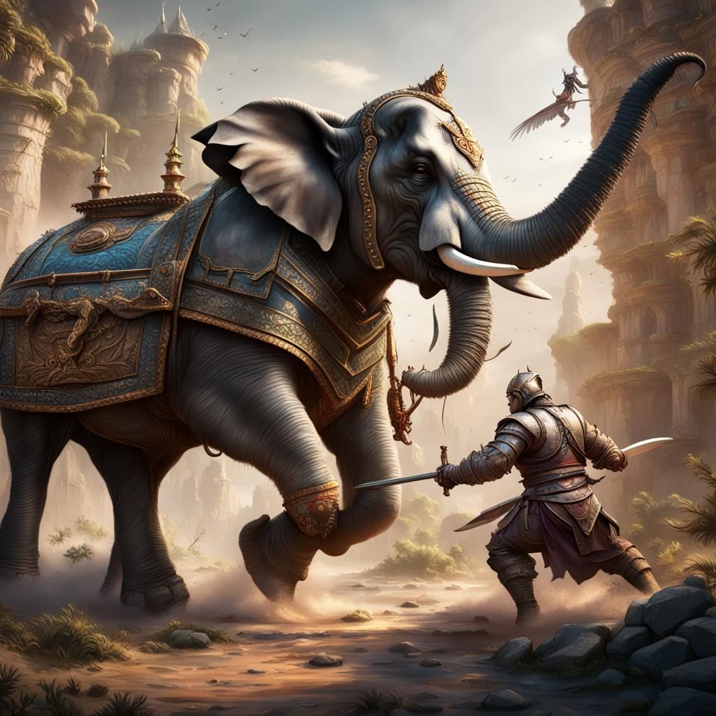 Elephant Warrior Fighting Donkey in Detailed Matte Painting
