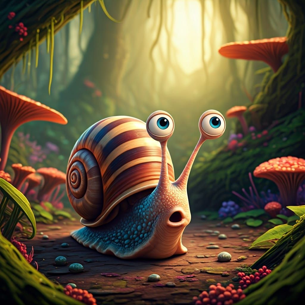 Surprised Snail in Rainforest, Pixar-style CGI