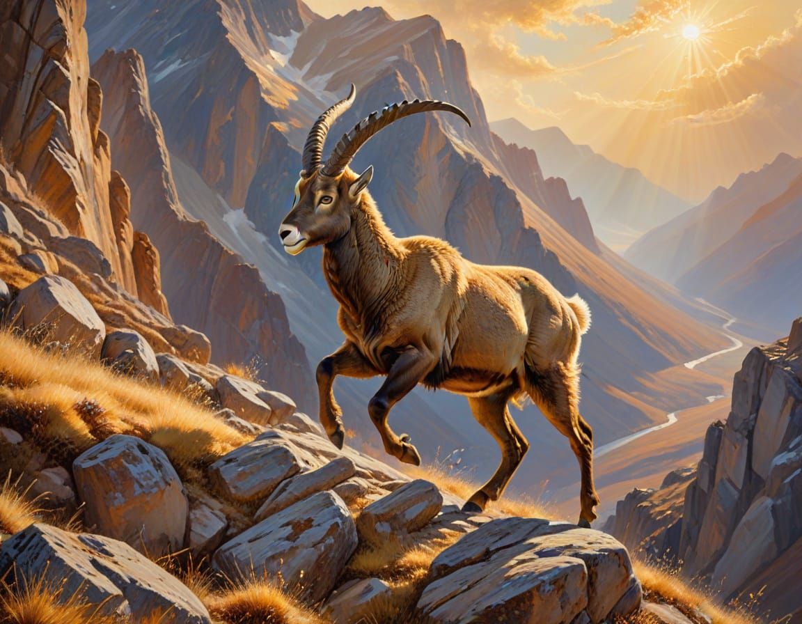 Impressionistic Ibex Scampers in Vivid Sunlight