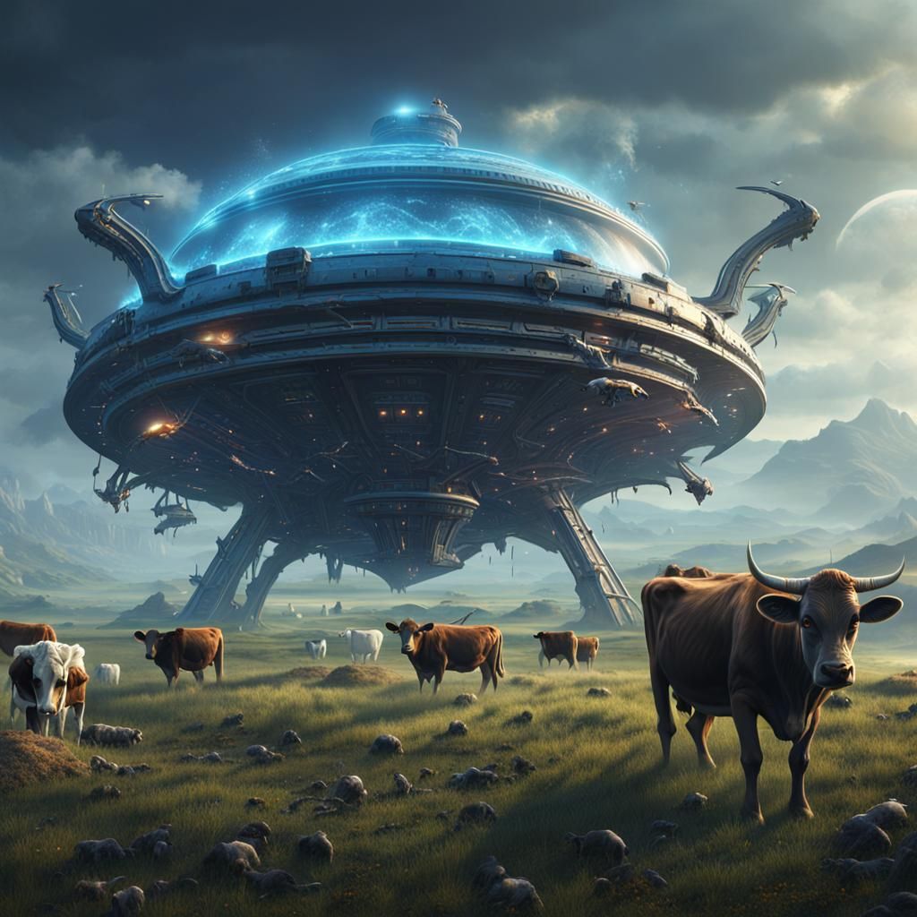 Alien Spaceship Stealing Cows: Detailed Fantasy Art