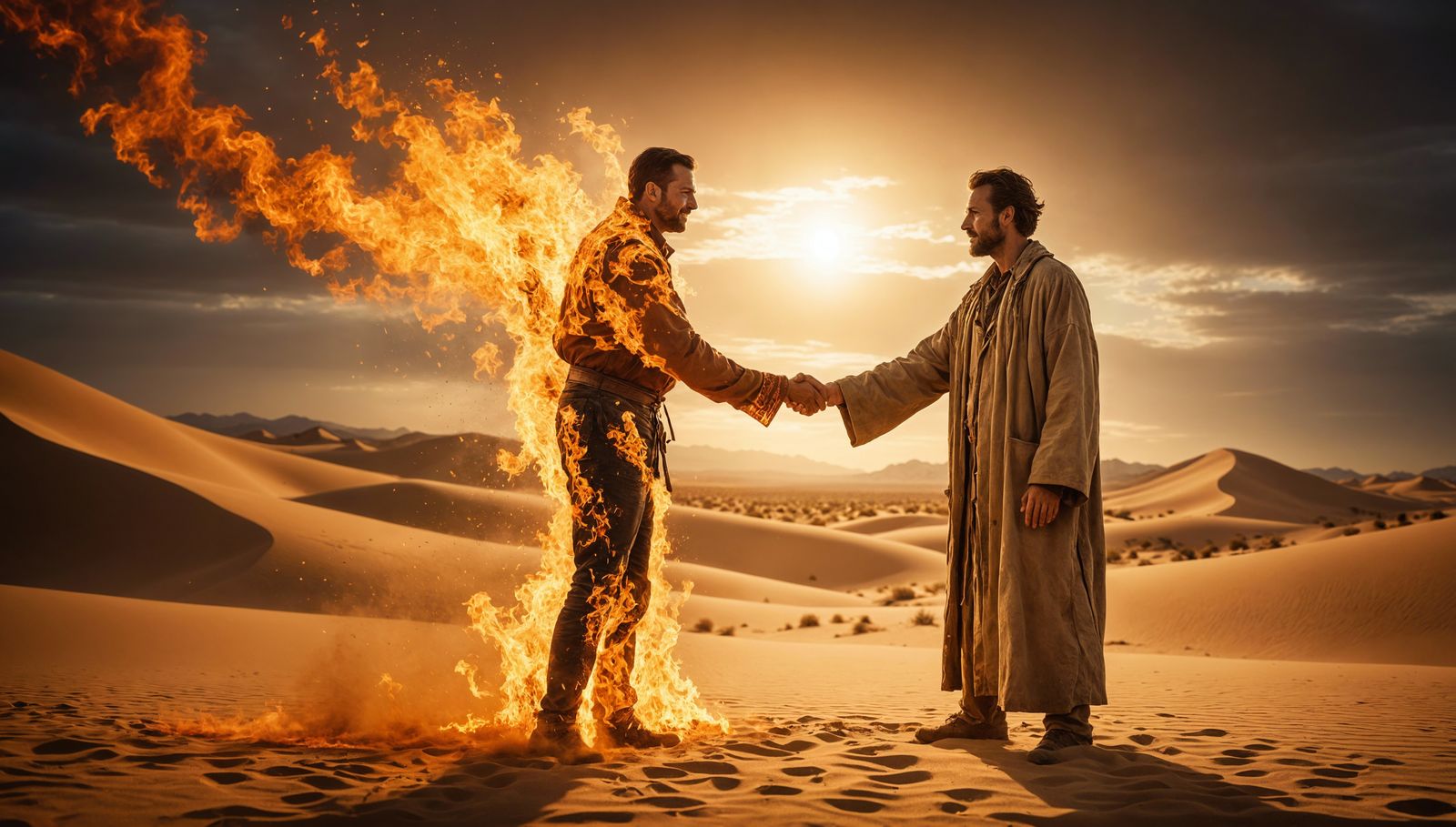 Flaming Handshake in Mojave Desert: Cinematic Photography