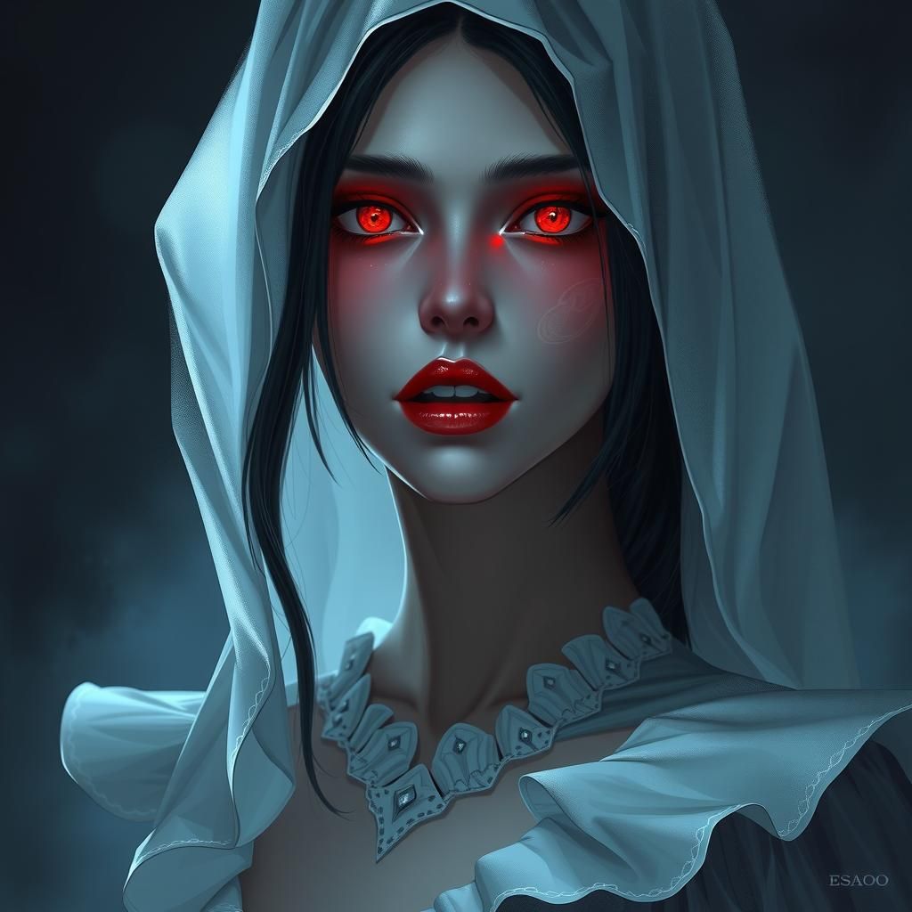 Ethereal Woman with Red Eyes: Gothic Fantasy Portrait