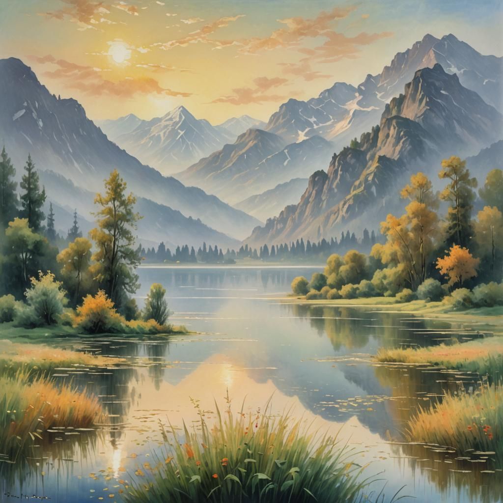 Impressionist Lake and Mountain Landscape at Dawn