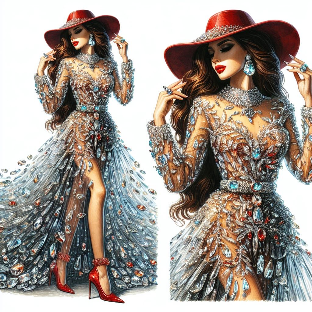 a beautiful woman wearing an intricate transparent glass dre...