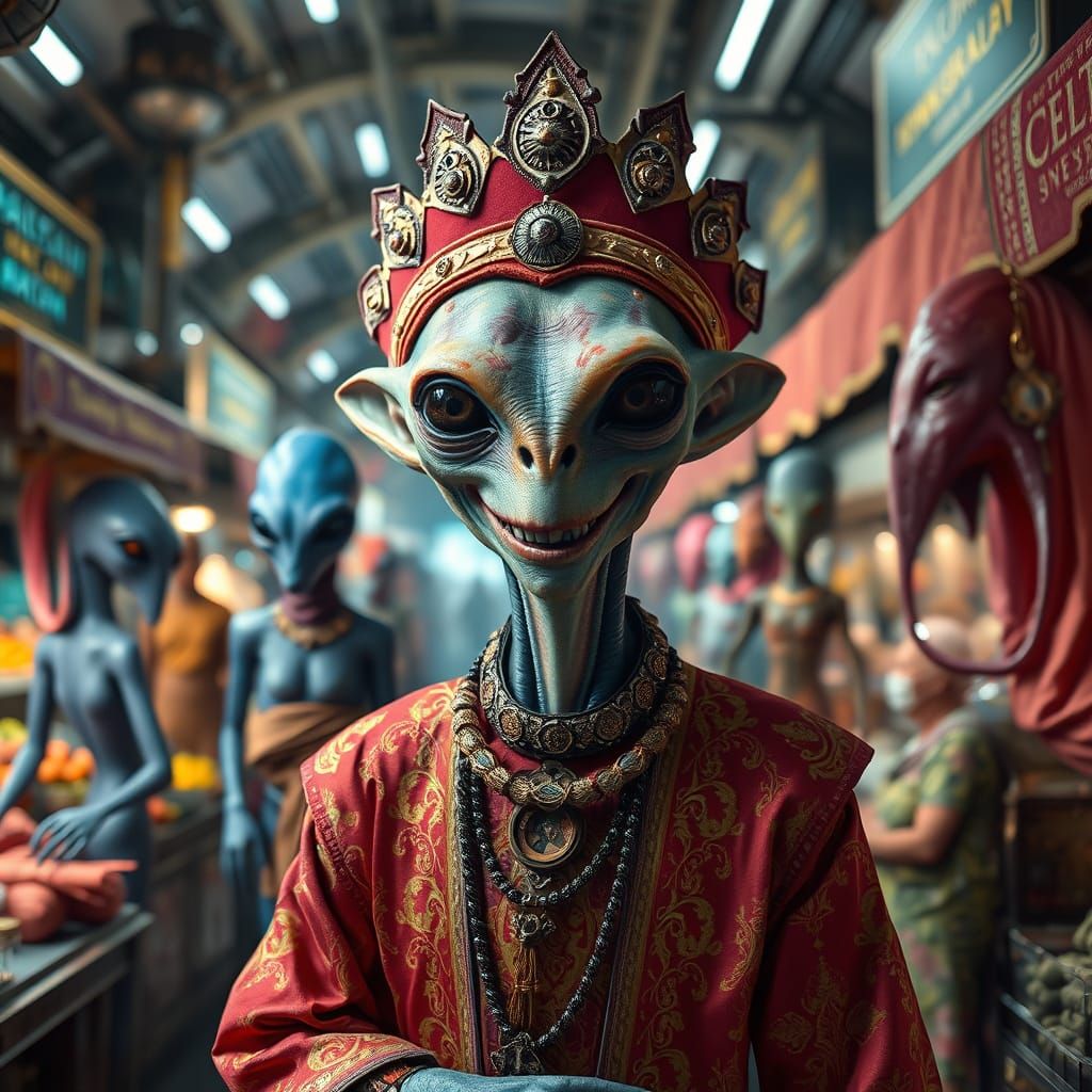 Alien Market Scene in Hyperrealistic Oil Painting Style