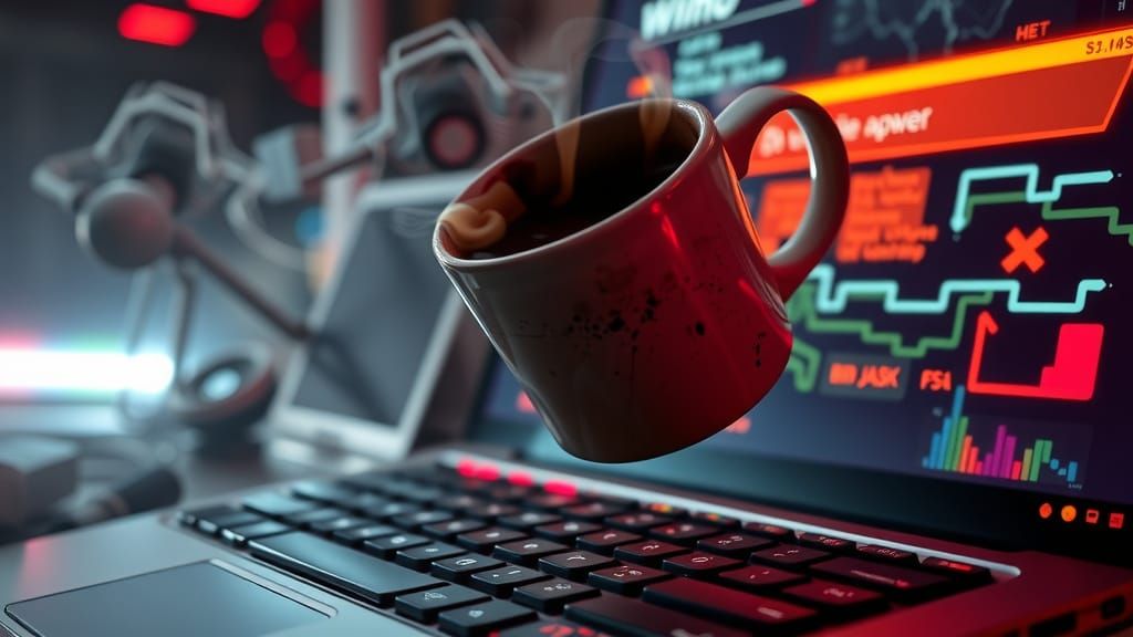 Laptop Peril: Coffee Spill Threat on Futuristic Console