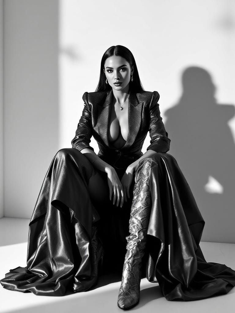 Confident Woman in Embroidered Blazer with Snake Boots