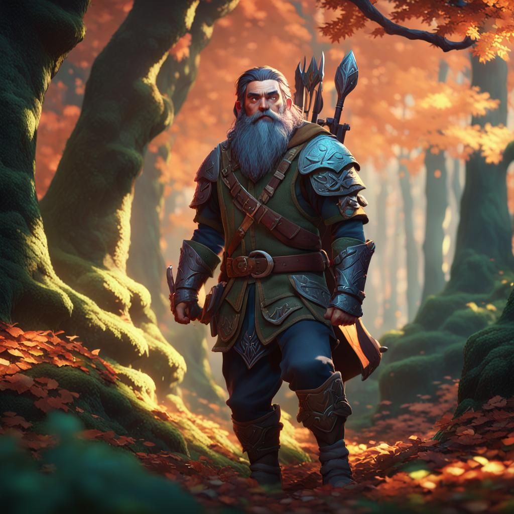 Dwarf Hunter in Mystical Forest: 3D Anime Art