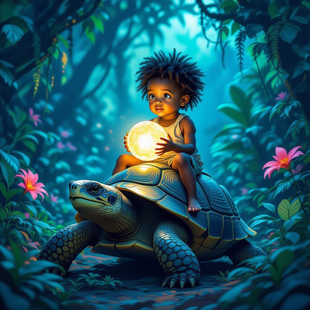 African Child on Ancient Tortoise in Bioluminescent Jungle