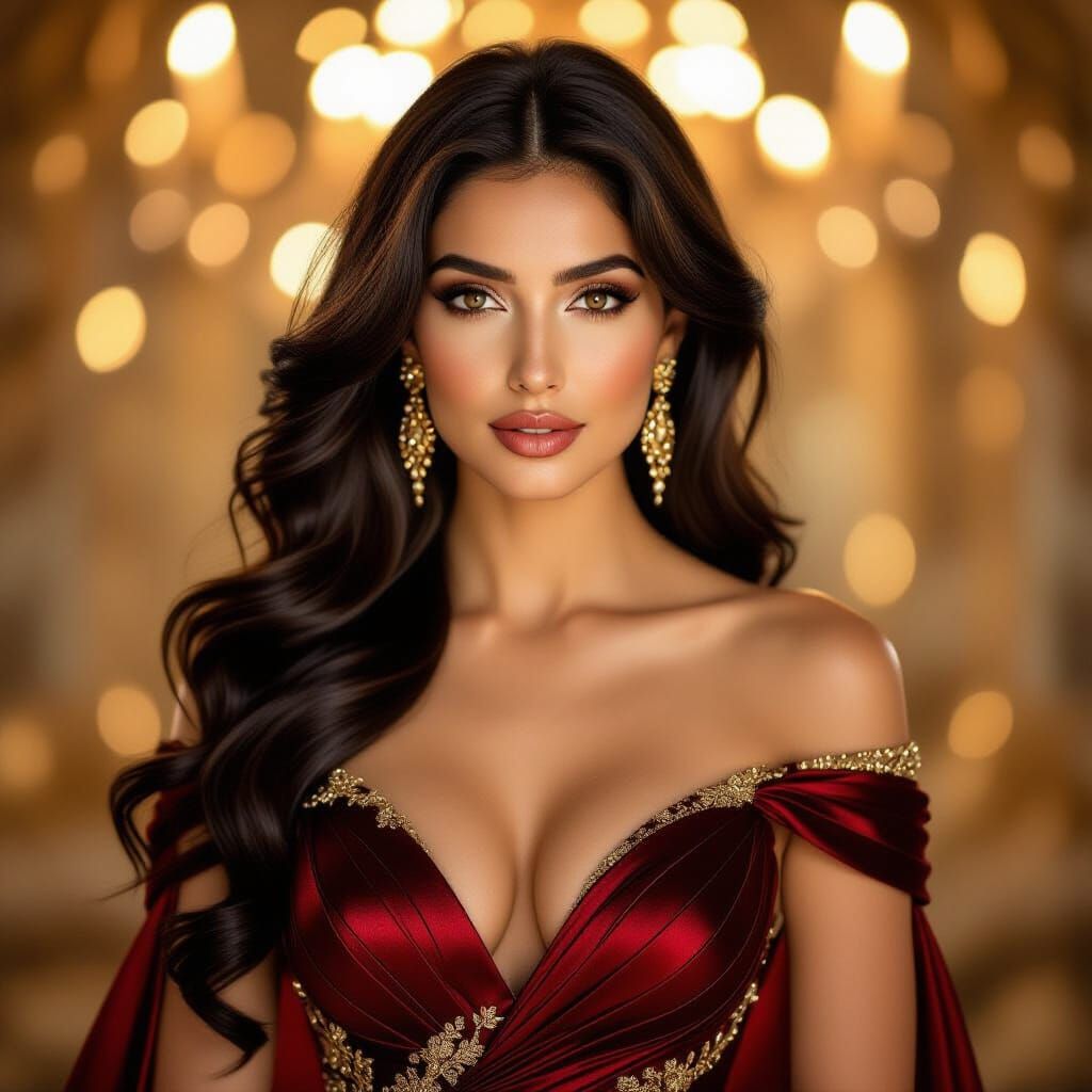 Glamorous Persian Woman in Red Gown with Golden Accents