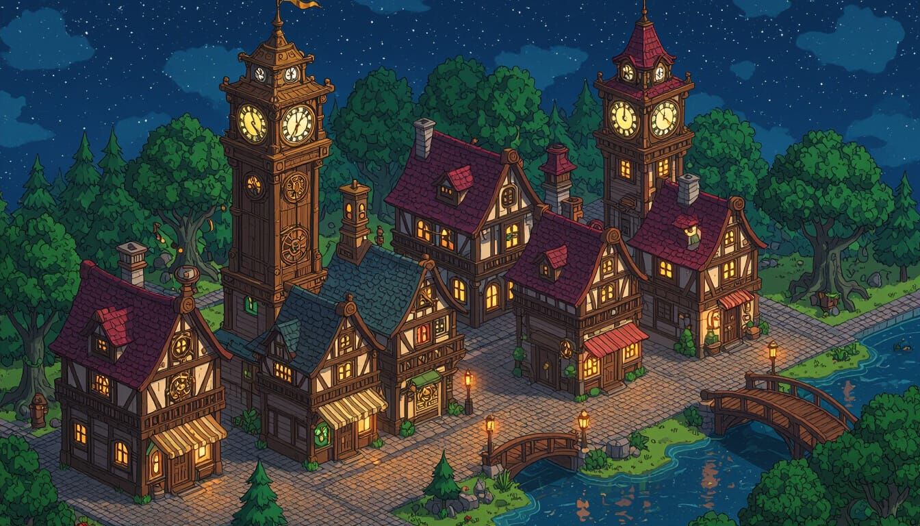 Isometric Steampunk Town in Anime Cartoon Style