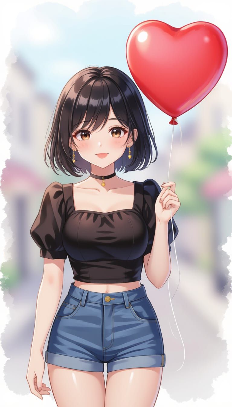 Cute Thai Woman Holding Heart Balloon in Watercolor Style