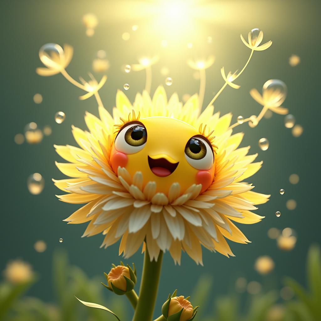 Smiling Dandelion Gazes at Sun in Dew Drops: 3D Anime Art