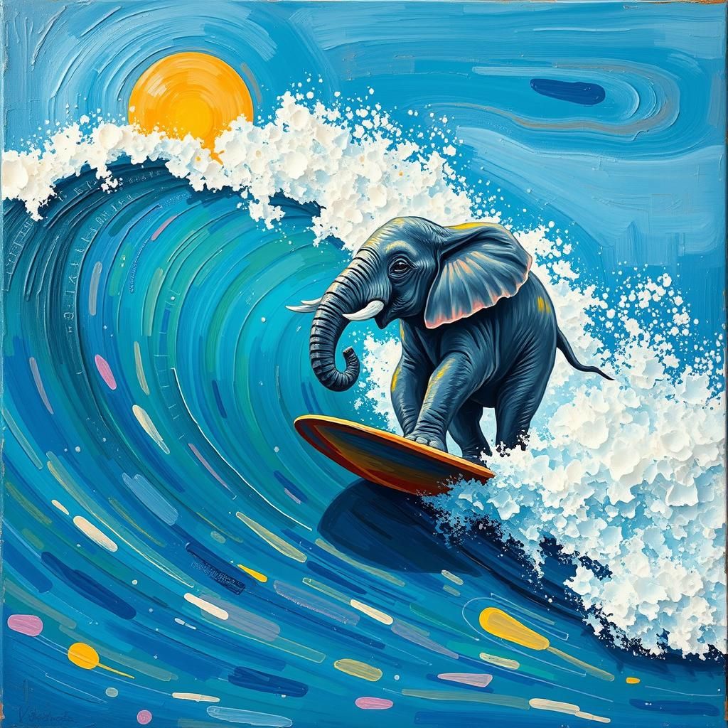 Baby Elephant Surfing in California: Neo-Impressionist Oil P...