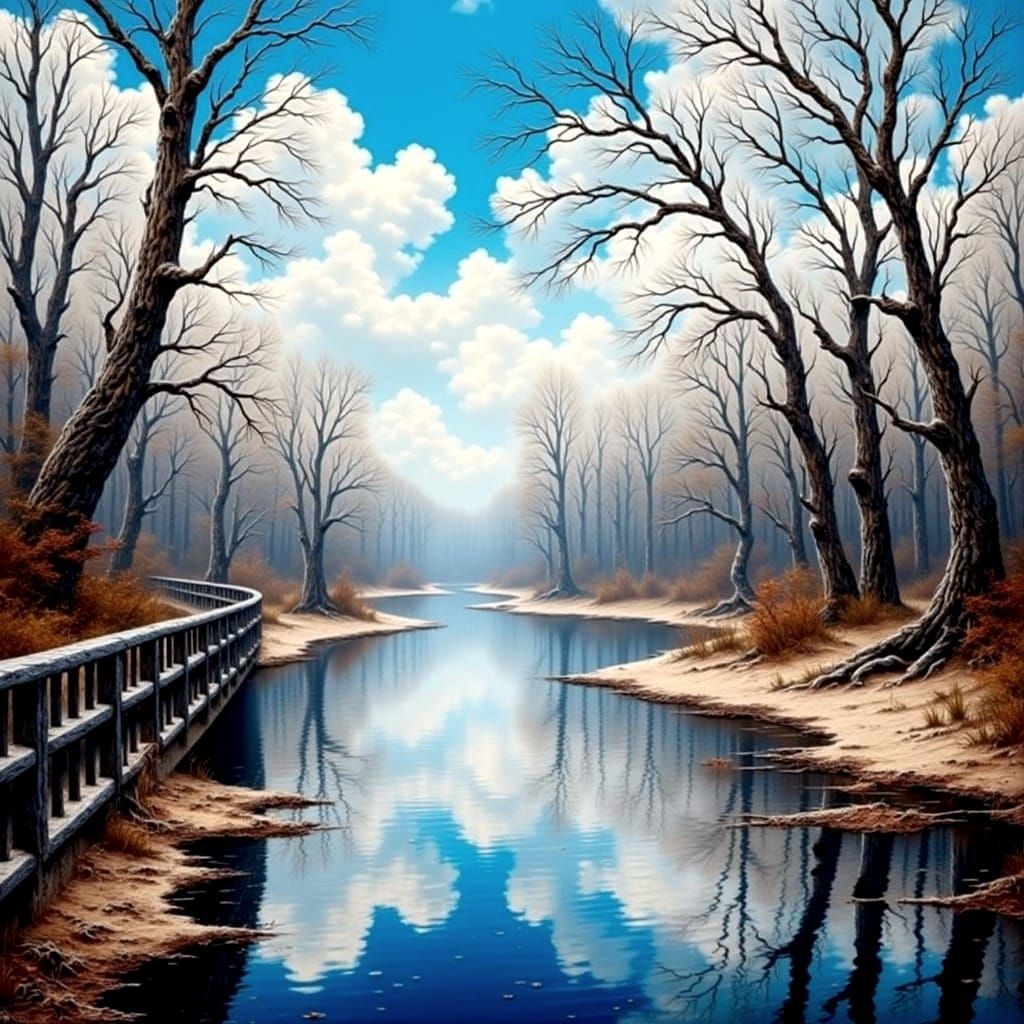 Serene River Landscape with Leafless Trees and Calm Water