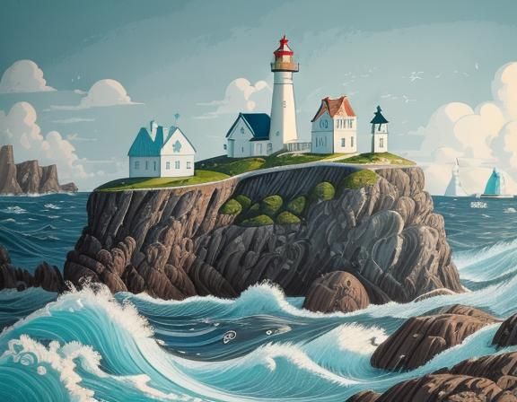 Dramatic Lighthouse Illustration on Rocky Island