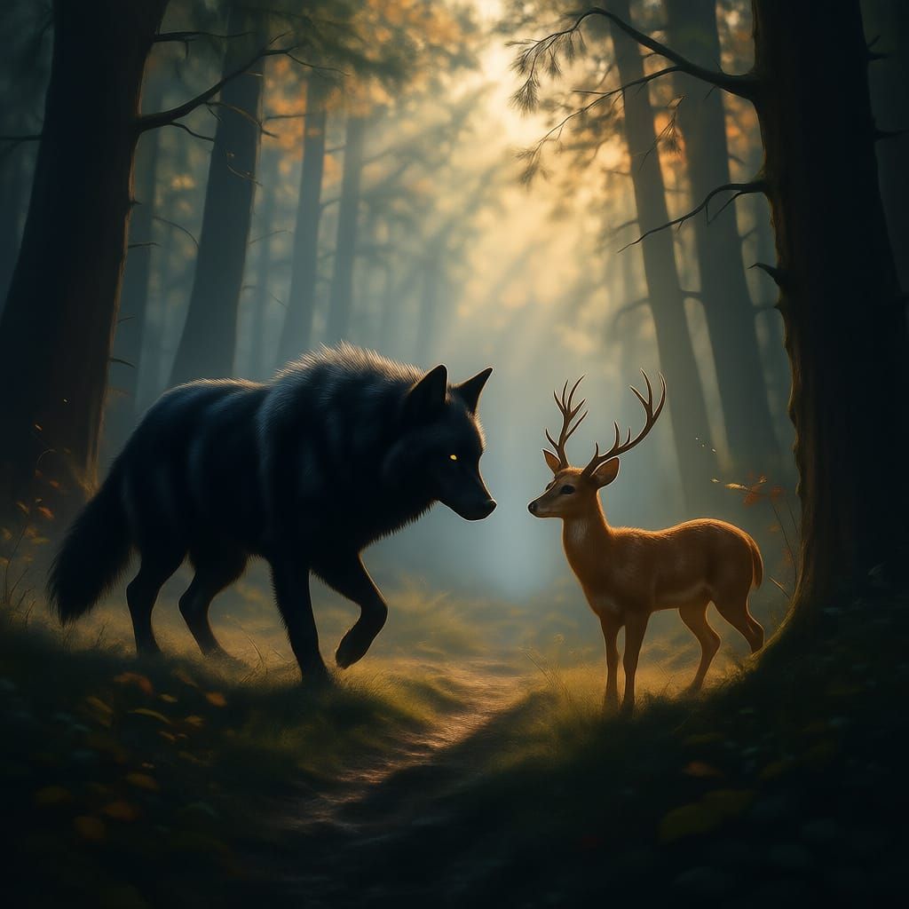 Black Wolf Stalks Deer in Dark Forest Concept Art