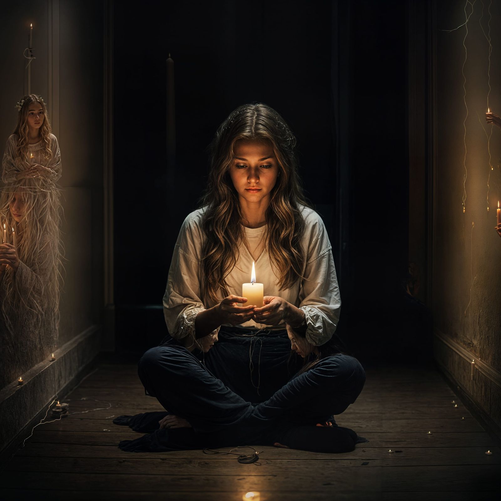 Woman with Candle in Dark Room