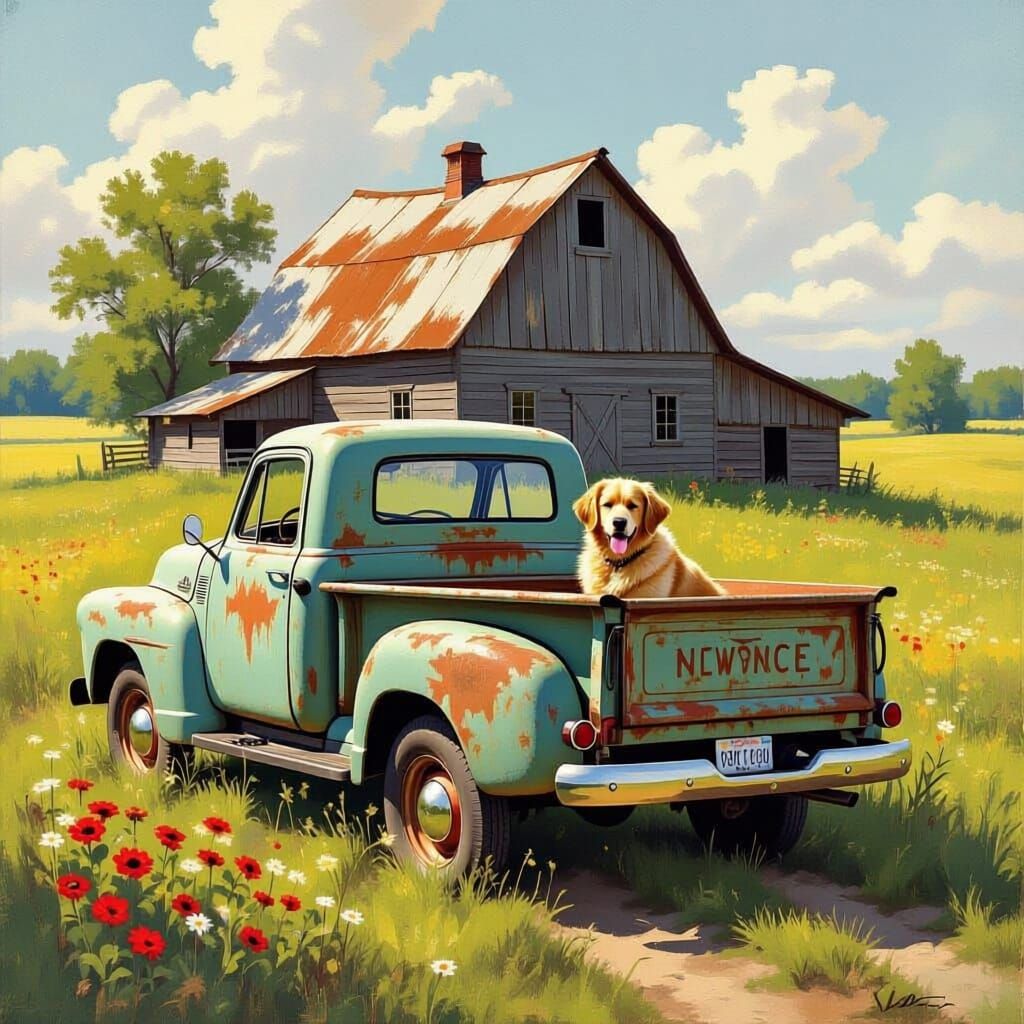 Weathered Truck & Golden Retriever at Rustic Farmhouse