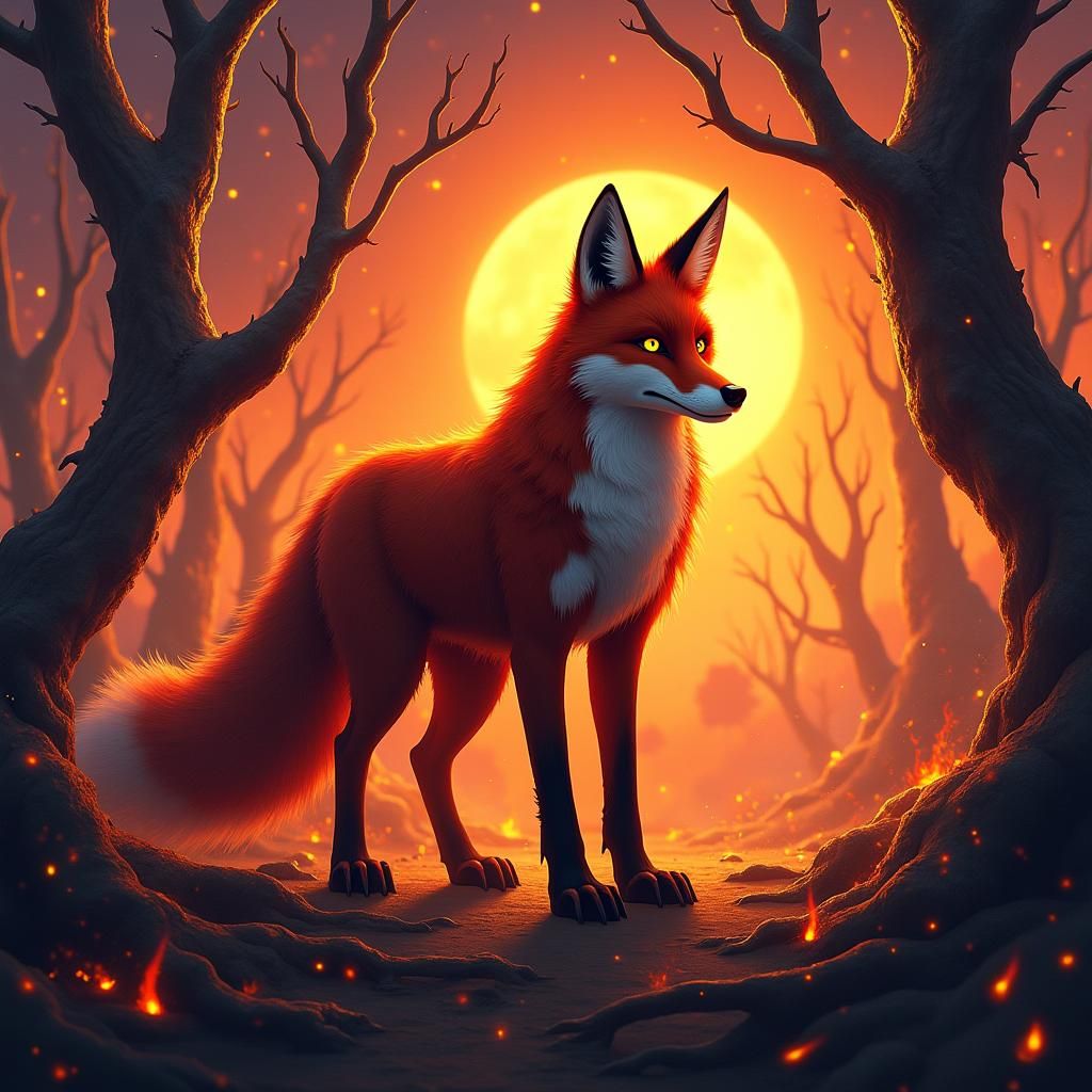 Fox in Wildfire: Digital Art with Fiery Details