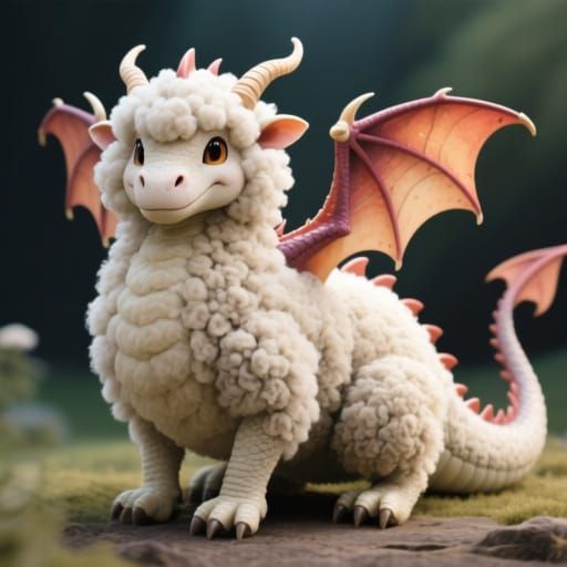 Adorable Fluffy Sheep Dragon Full Body