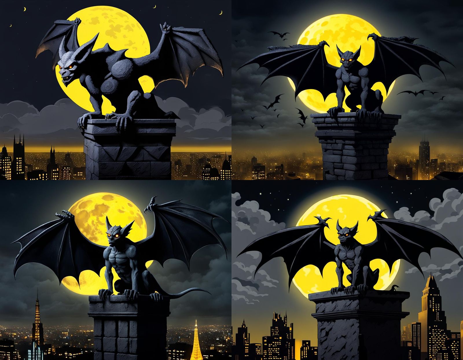 Gargoyle with Glowing Eyes Perched on Metropolis Rooftop