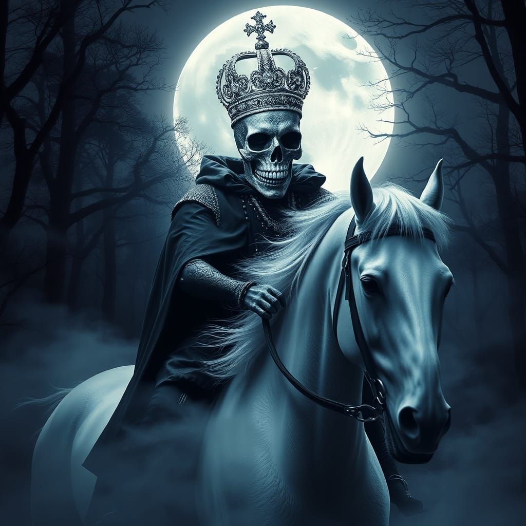 Dark Figure on Pale Horse, Haunted Forest at Twilight