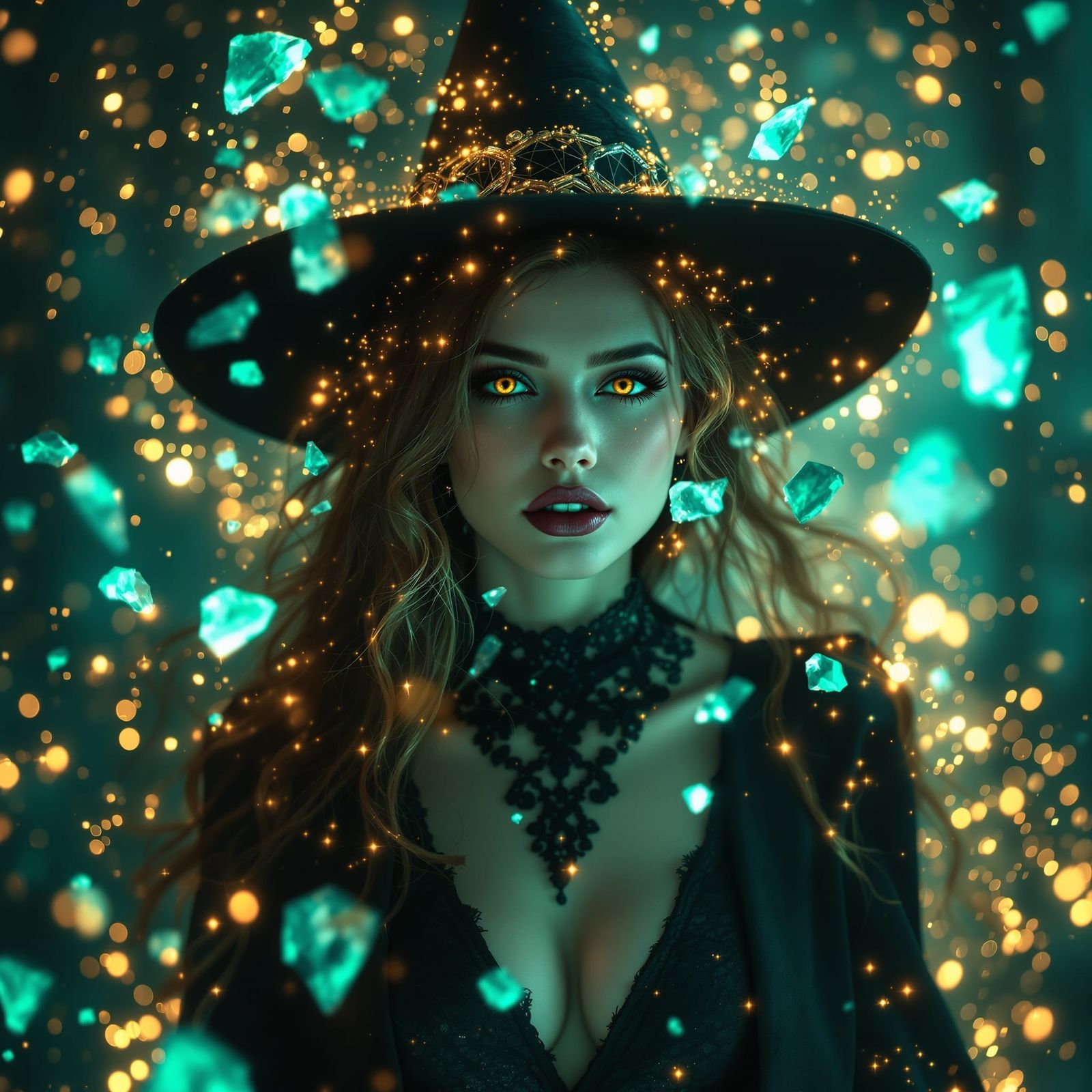 Teal and Gold Witch Portrait with Crystals