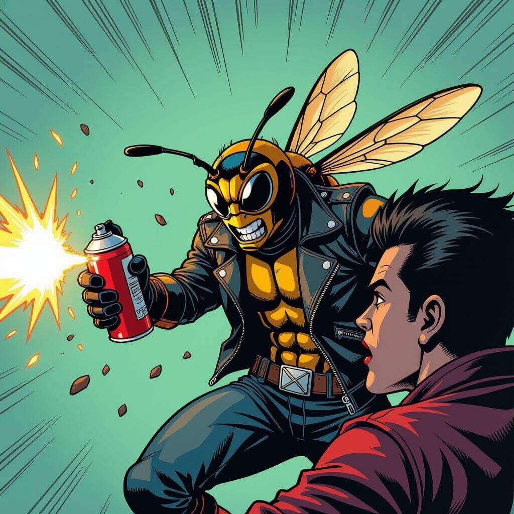 Wasp in Leather Jacket Sprays Person with Anti-Human Can