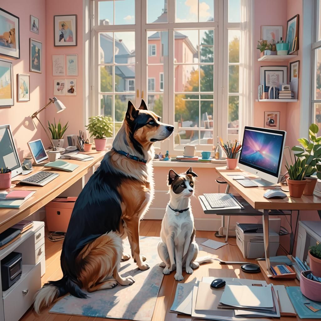 Cozy Home Office with Pets in Digital Painting Style