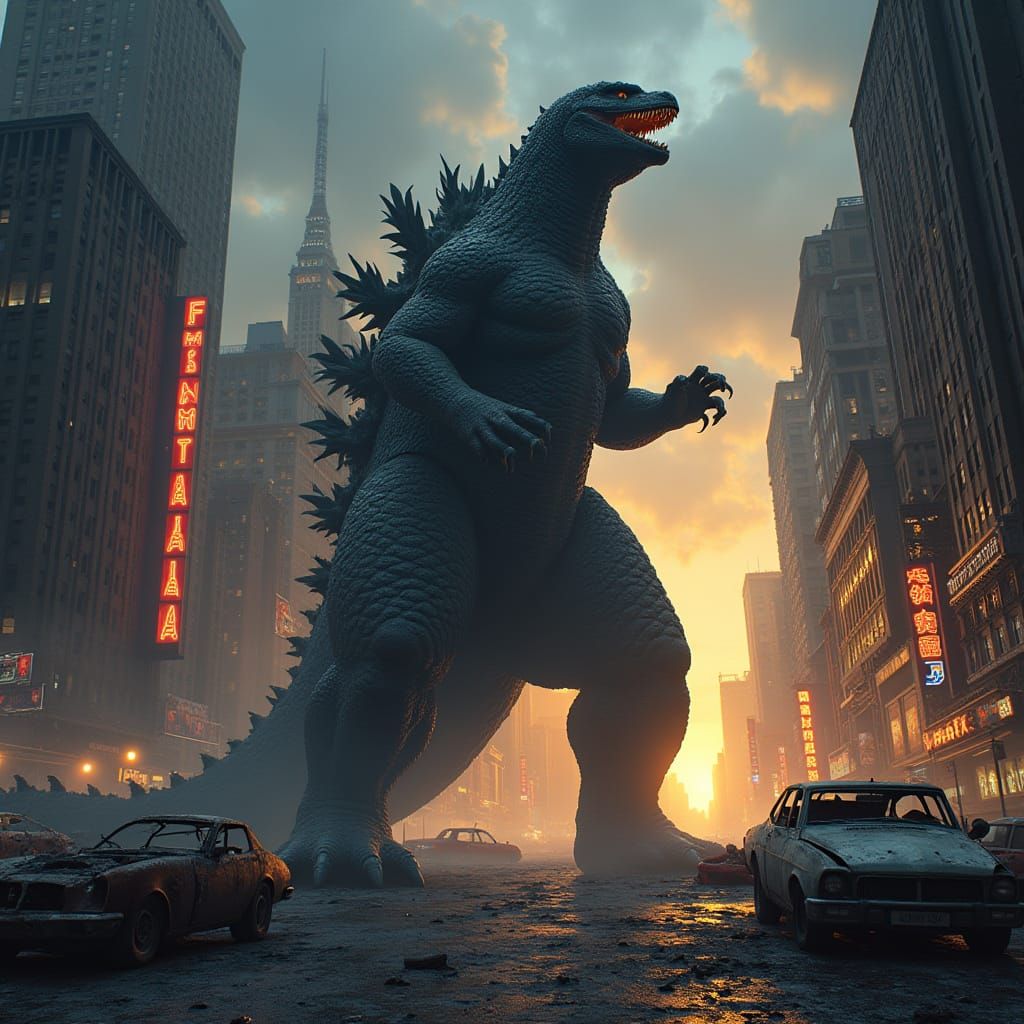 Godzilla Triumphs in Post-Apocalyptic Times Square at Dawn