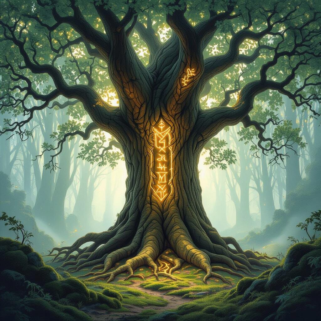 Mystical Tree with Runes in Ethereal Forest