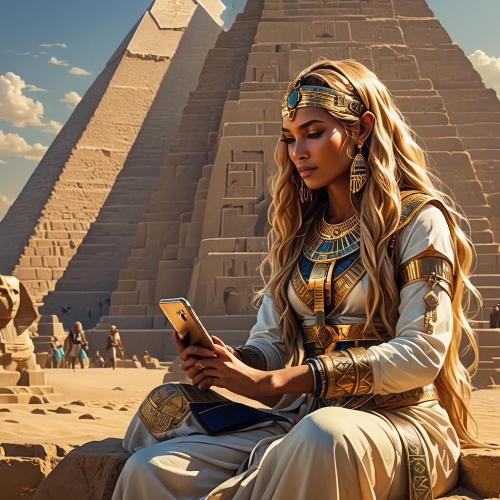 A beautiful girl with long golden hair and an Egyptian phara...