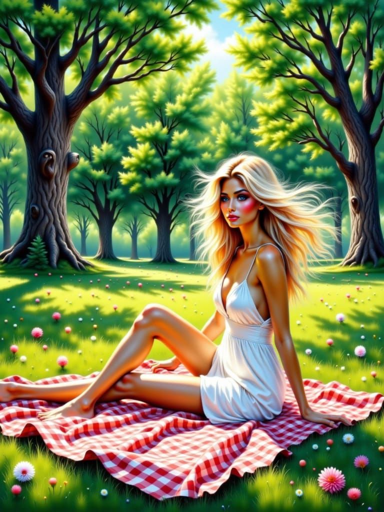 Woman Enjoying a Sunny Picnic in a Vibrant City Park