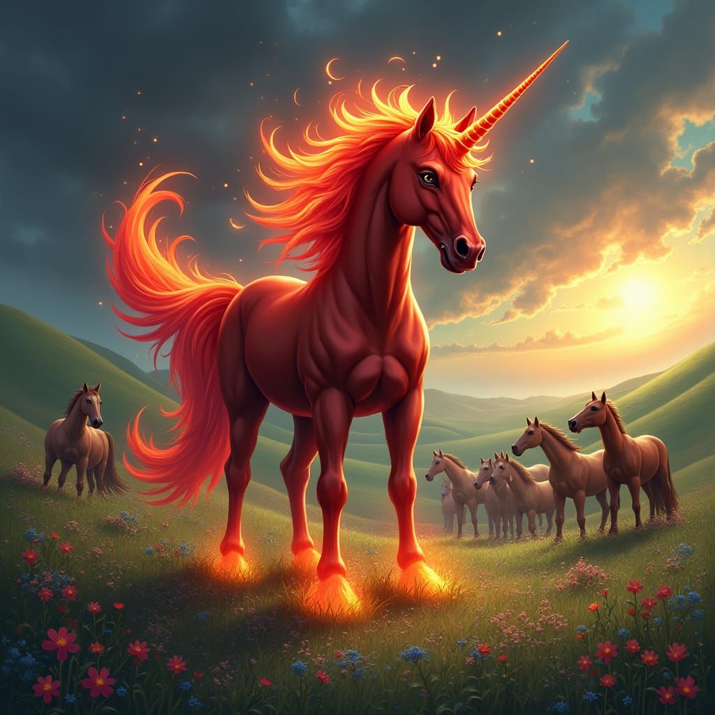 Fiery Red Unicorn Dominance in Cartoon Style
