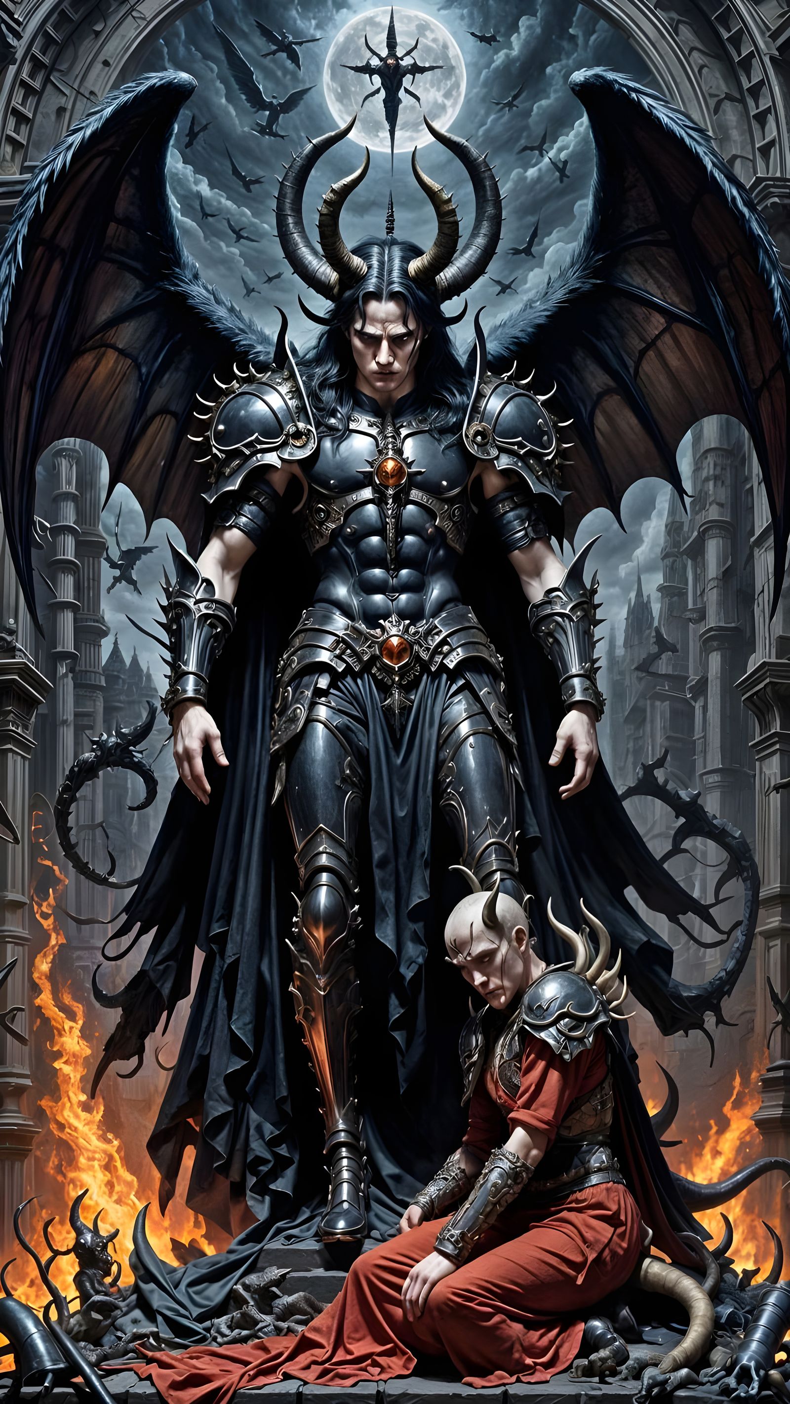 Mighty Demon Towers Over Beaten Underling in Purgatory