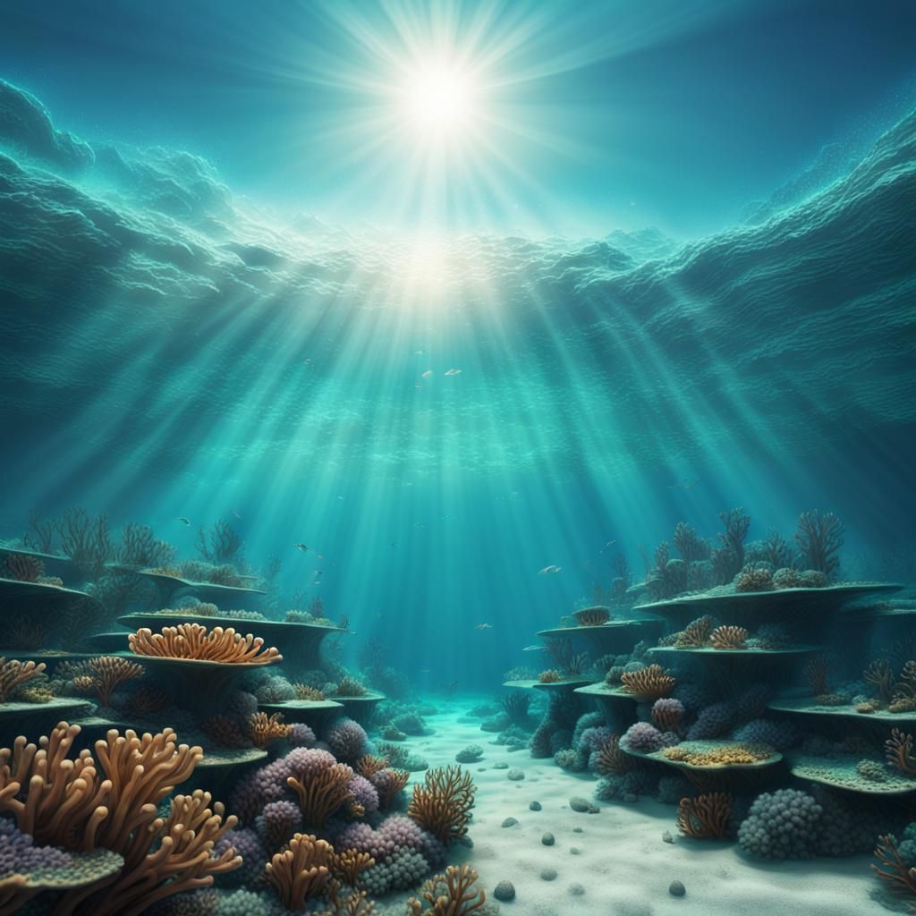 Coral reef under a turquoise ocean with beams of sunlight sh...