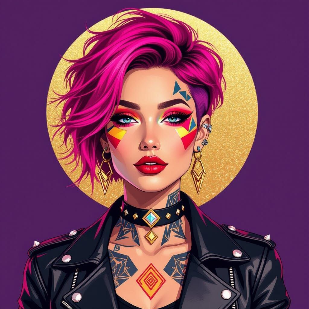 Neon Pink Hair Portrait in Pop Art Style