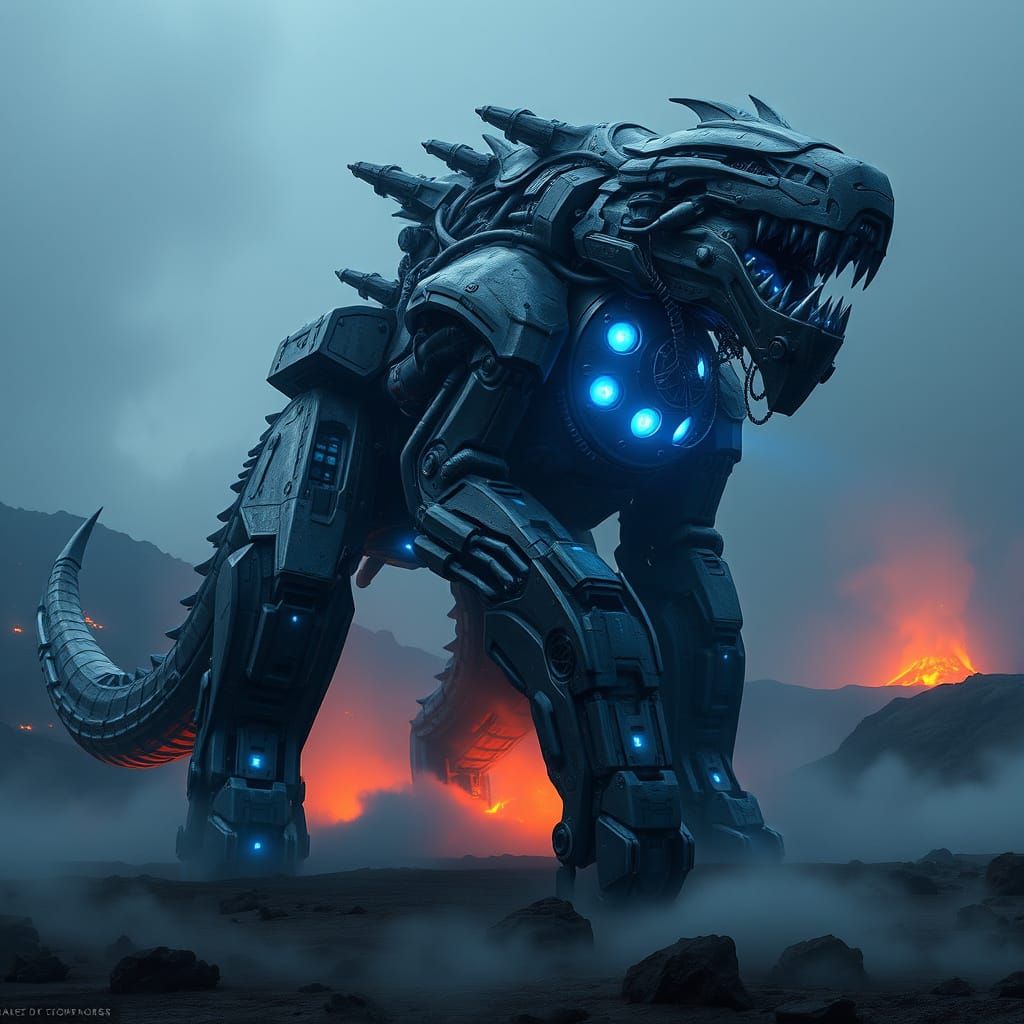 Colossal Mecha Beast in Volcanic Landscape