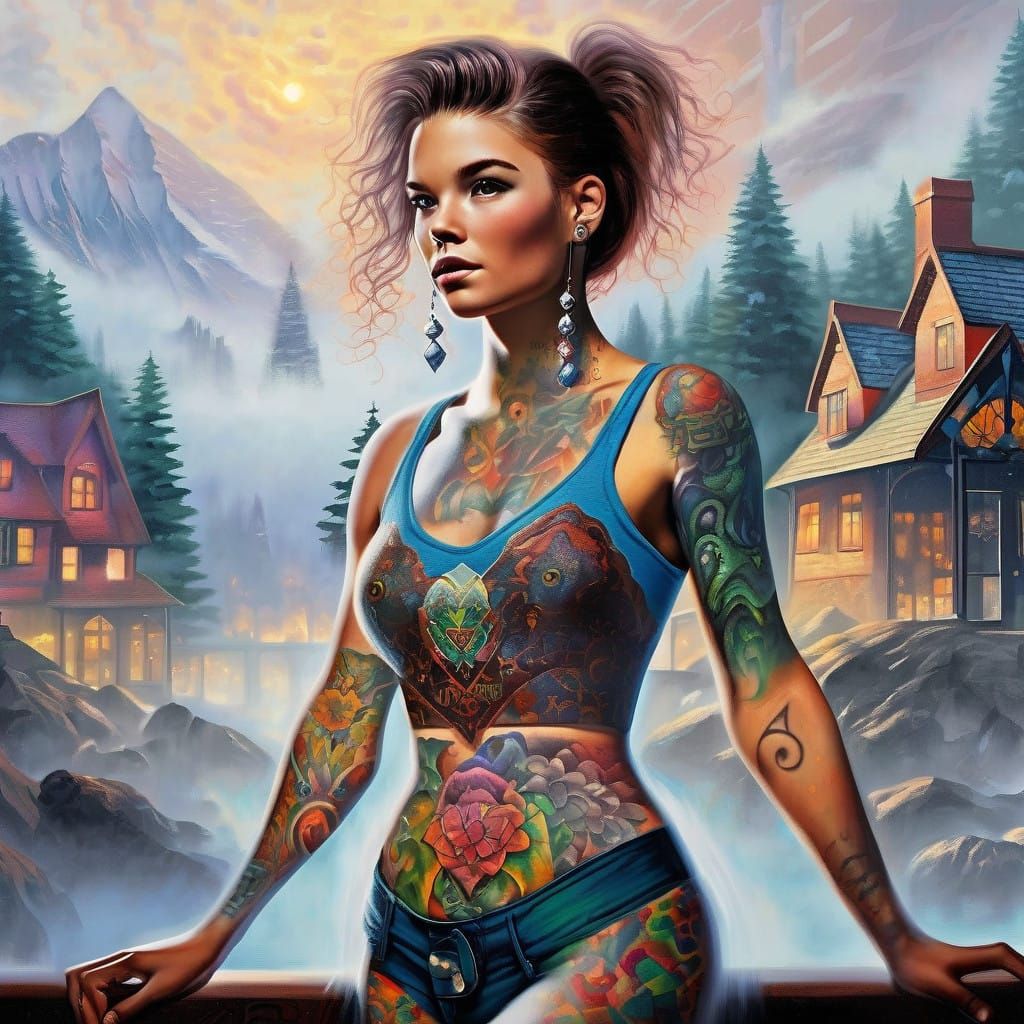 Vibrant Tattooed Goddess in Whimsical Fantasy Realm