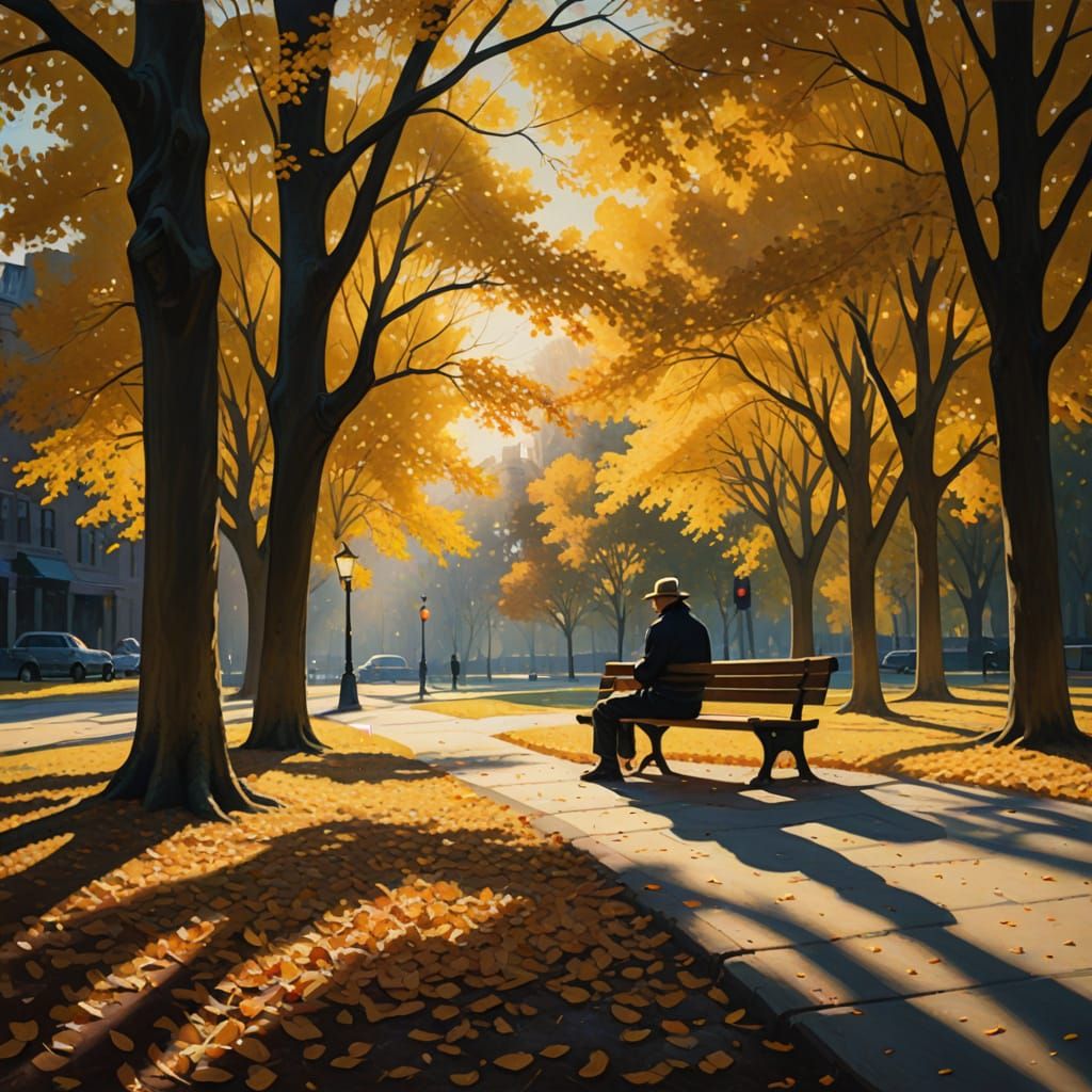 Man Reading on Park Bench in Autumn Light